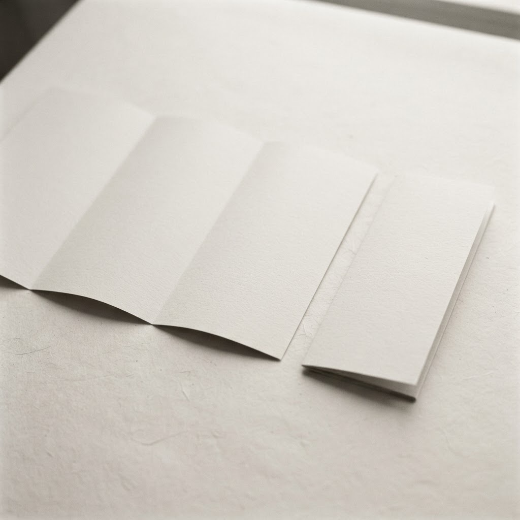 Open tri-fold brochure with blank pages showing fold detail