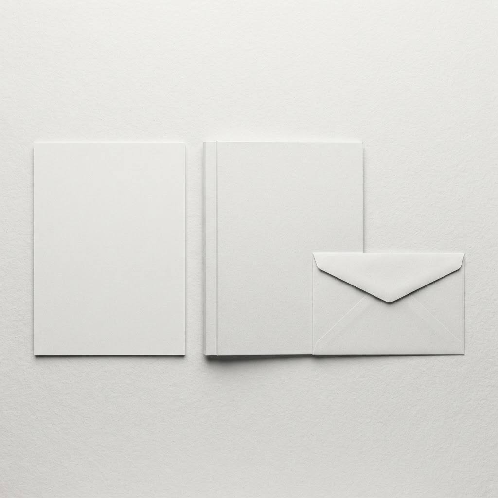 Overhead flatlay of corporate stationery: letterhead, folder and envelope