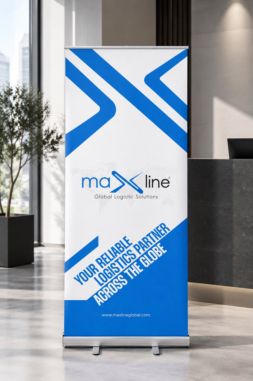 Maxline Global Logistic Solutions pull-up banner with blue chevron design in a corporate lobby