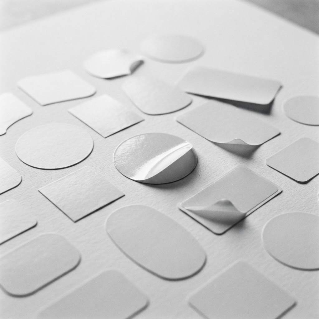 Blank die-cut stickers and product labels arranged on a light surface